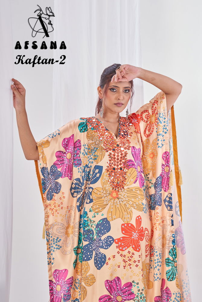 Kaftan 2 By Afsana Satin Digital Printed Kaftan Kurti With Bottom Wholesalers In Surat	